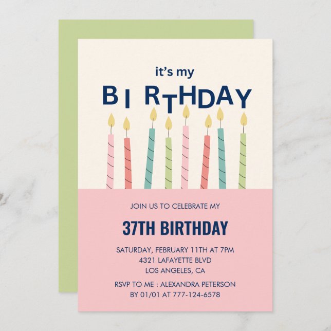 Funny Candle Pink Green 37th birthday invitations  (Front/Back)