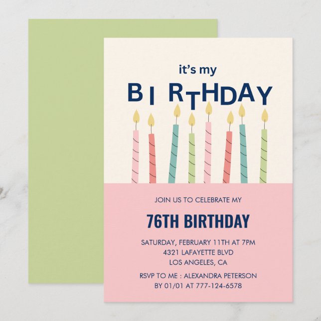 Funny Candle Pink Green 76th birthday invitations  (Front/Back)