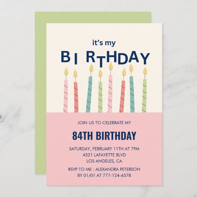 Funny Candle Pink Green 84th birthday invitations  (Front/Back)
