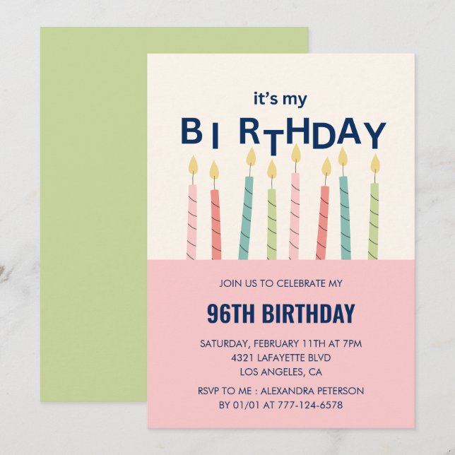 Funny Candle Pink Green 96th birthday invitations  (Front/Back)