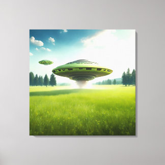 Funny canvas UFO aliens on a green meadow