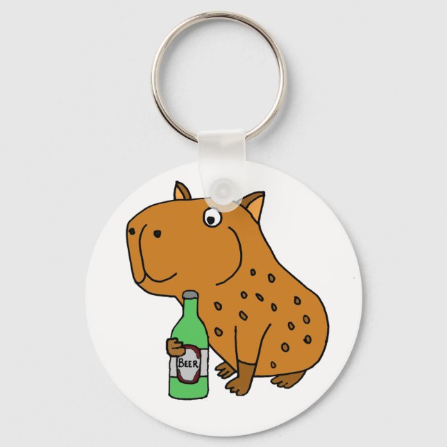 Funny Capybara Drinking Bottle of Beer Key Ring (Front)