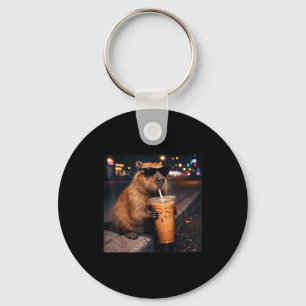 Funny capybara drinking iced coffee lover animal key ring
