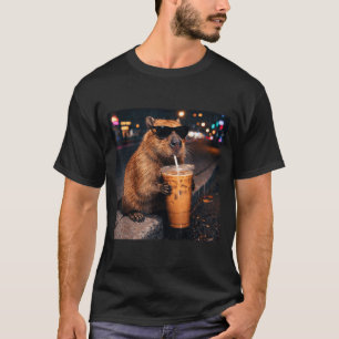 Funny capybara drinking iced coffee lover animal T-Shirt