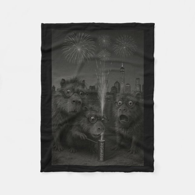 Funny Capybara Fireworks Happy New Year Long Sleev Fleece Blanket (Front)