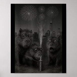 Funny Capybara Fireworks Happy New Year Poster