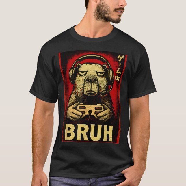Funny Capybara Gamer Bruh Graphic Tee Men Boys Tee (Front)