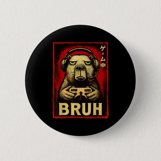 Funny Capybara Gamer Bruh Graphic Tee Men Boys Tee 6 Cm Round Badge (Front)