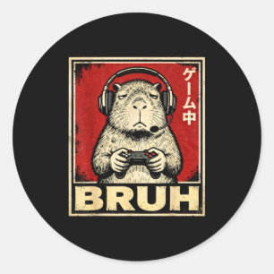 Funny Capybara Gamer Bruh Graphic Tee Men Boys Tee Classic Round Sticker