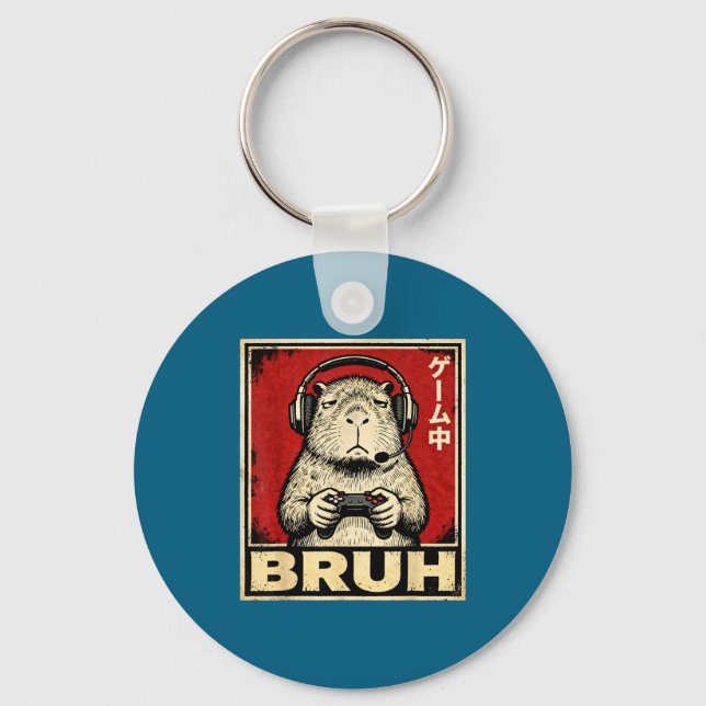 Funny Capybara Gamer Bruh Graphic Tee Men Boys Tee Key Ring (Front)