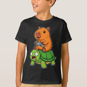 Funny Capybara Gamer Riding Shocked Turtle Video T-Shirt