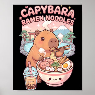 Funny Capybara Noodle Ramen Kawaii Capybara Eating Poster