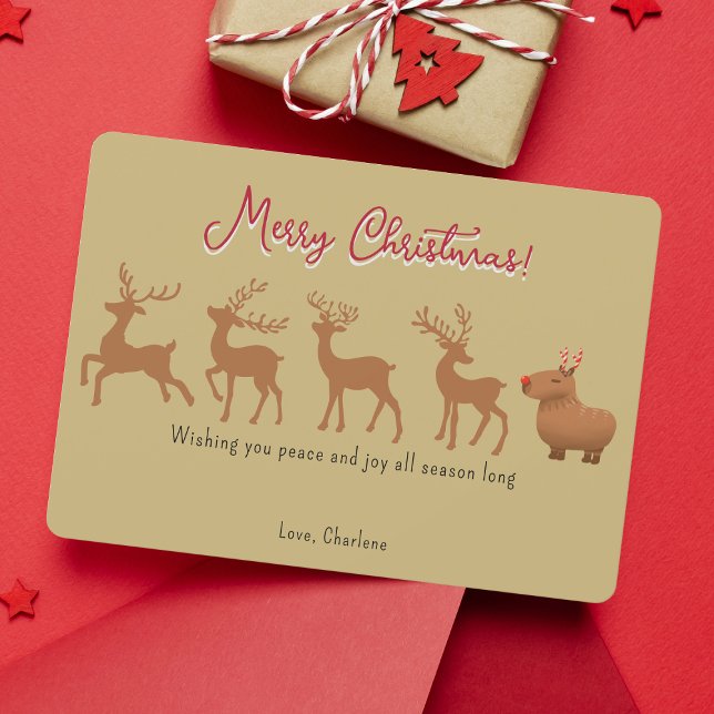 Funny Capybara Reindeer Gold Christmas Cards (Customize your greetings with our jolly capybara reindeer!)