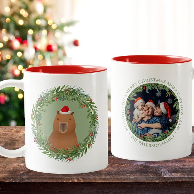 Funny Capybara Santa Christmas Custom Photo Two-Tone Coffee Mug (Make your holiday extra special and memorable with our festive capybara coffee mug.)