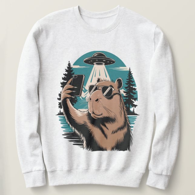 Funny Capybara Selfie UFO Alien Abduction Black Sw Sweatshirt (Design Front)