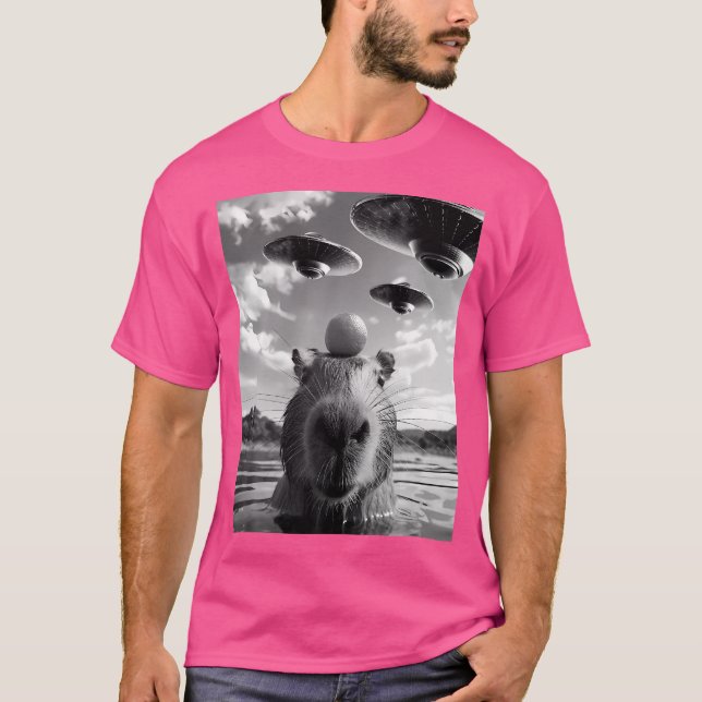 Funny Capybara Selfie With Alien Ufos T-Shirt (Front)