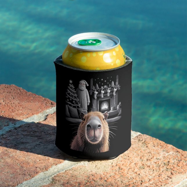 Funny Capybara Selfie with Santa Capy Xmas  Can Cooler (In Situ Pool)