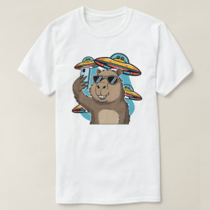 Funny Capybara Selfie with UFO Alien Spaceship T-S T-Shirt