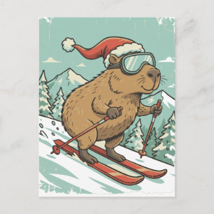 Funny Capybara Skiing Christmas Winter Sports Love Postcard
