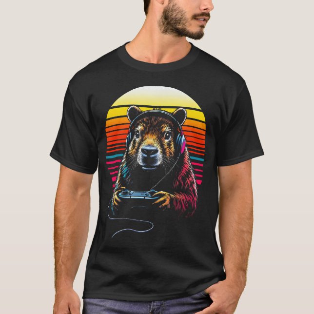 Funny Capybara Tee Gamepad Headphones Video Games  (Front)