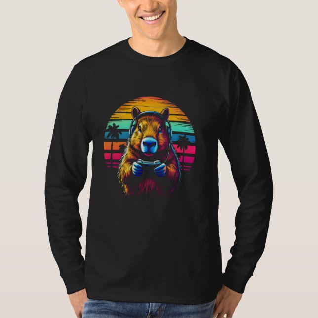 Funny Capybara Tee Gamepad Headphones Video Games  (Front)