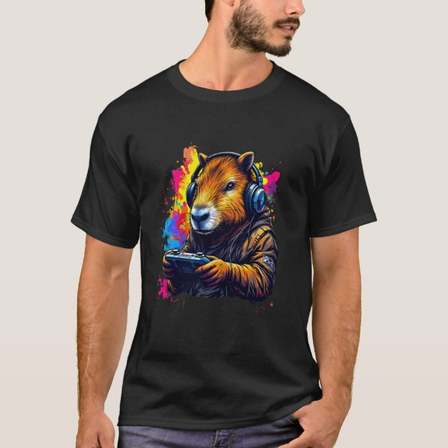 Funny Capybara Tee Gamepad Headphones Video Games  (Front)