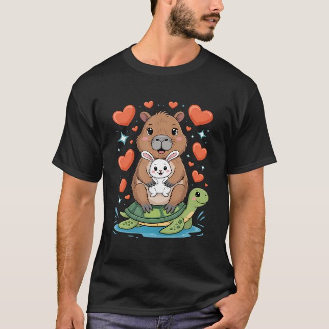Funny Capybara Turtle Bunny Hearts T-Shirt (Front)