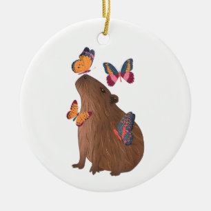 Funny Capybara with Butterfly – Cute Rodent Animal Ceramic Tree Decoration