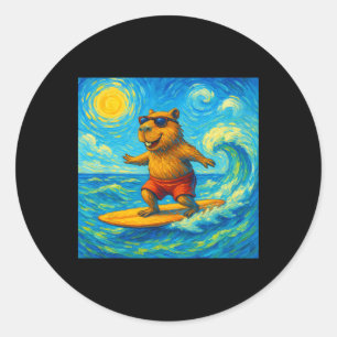 Funny Capyra Suring Van Gogh Art Beach Summer Vaca Classic Round Sticker