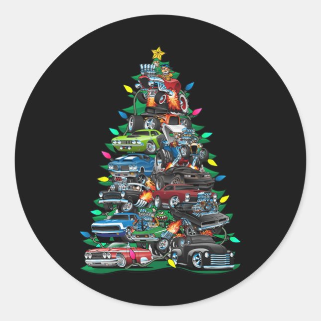 Funny Car Christmas Tree Clic Muscle Cars Tree Lig Classic Round Sticker (Front)
