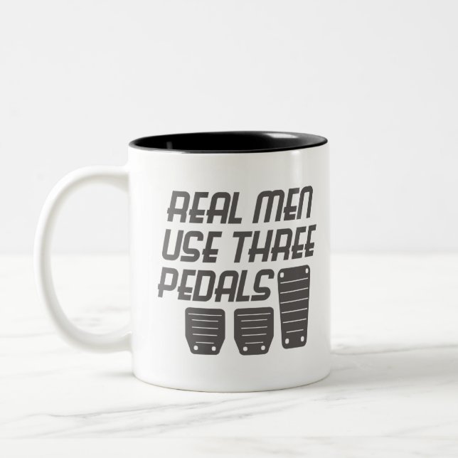 Funny Car Guy Gift Real Men Use Three Pedals Two-Tone Coffee Mug (Left)