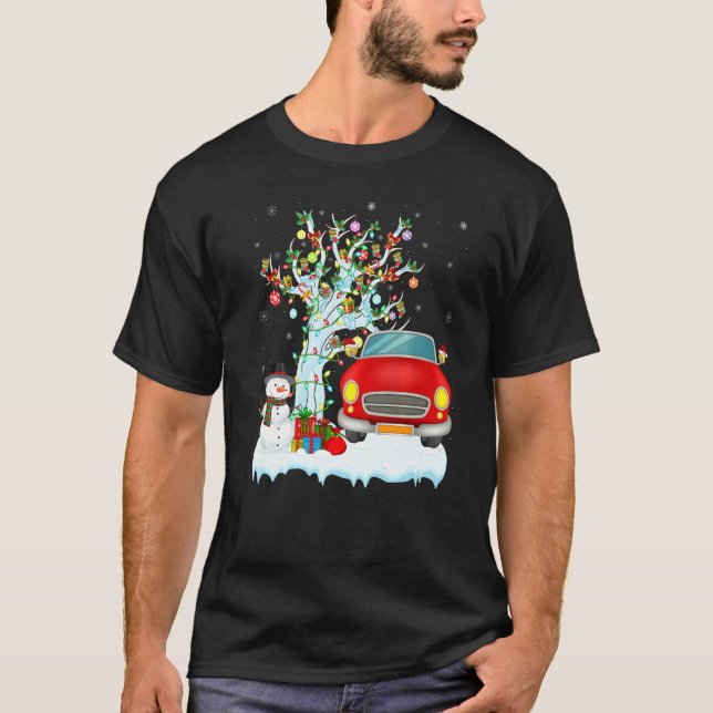 Funny Car Xmas Tree Lighting Santa Hat Car Christm T-Shirt (Front)