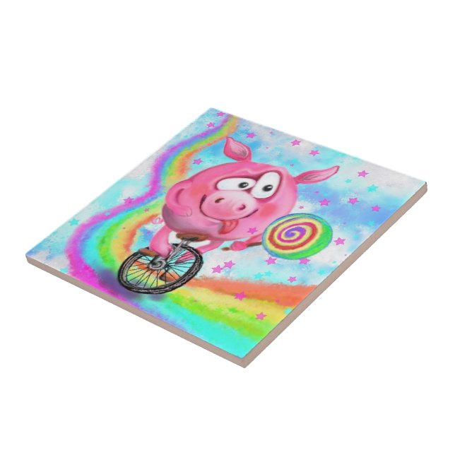 Funny Caramic Tile Circus Acrobat Pig Cyclist (Side)
