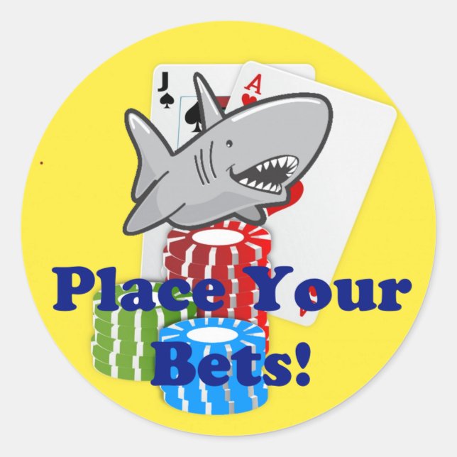 Funny Card Shark Gambling Cartoon with Poker Chips Classic Round Sticker (Front)