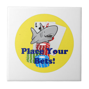 Funny Card Shark Gambling Cartoon with Poker Chips Tile