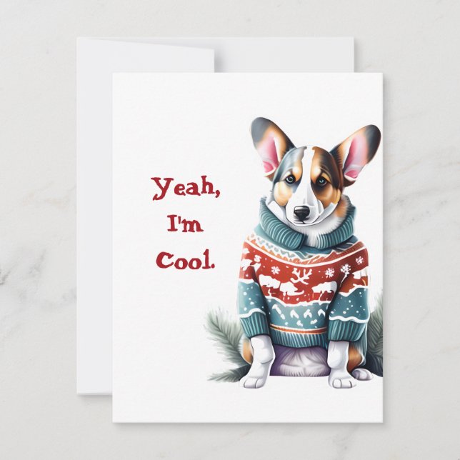 Funny Cardigan Welsh Corgi in Christmas Sweater Holiday Card (Front)