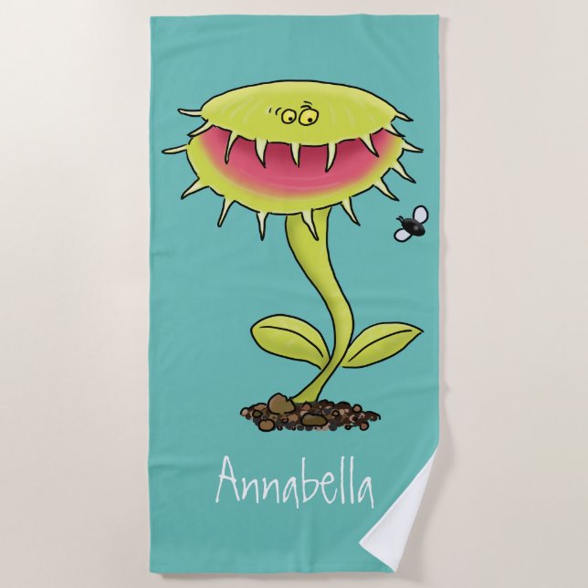 Funny carnivorous Venus fly trap plant cartoon Beach Towel (Front)