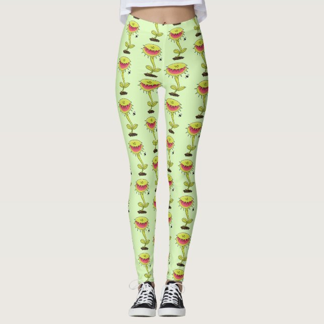 Funny carnivorous Venus fly trap plant cartoon Leggings (Front)