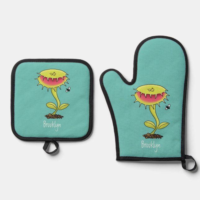 Funny carnivorous Venus fly trap plant cartoon Oven Mitt & Pot Holder Set (Front)