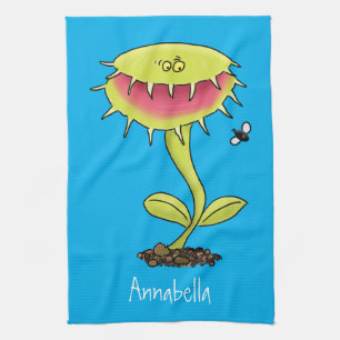 Funny carnivorous Venus fly trap plant cartoon Tea Towel
