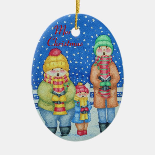 funny carol singers in the snow christmas design ceramic tree decoration (Front)