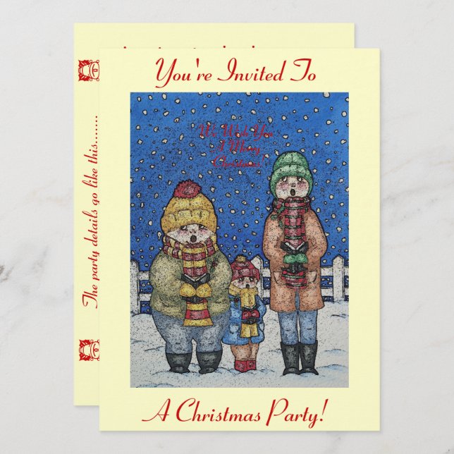 funny carol singers in the snow christmas invitation (Front/Back)