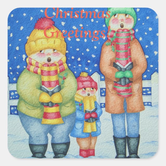 funny carol singers in the snow christmas square sticker (Front)