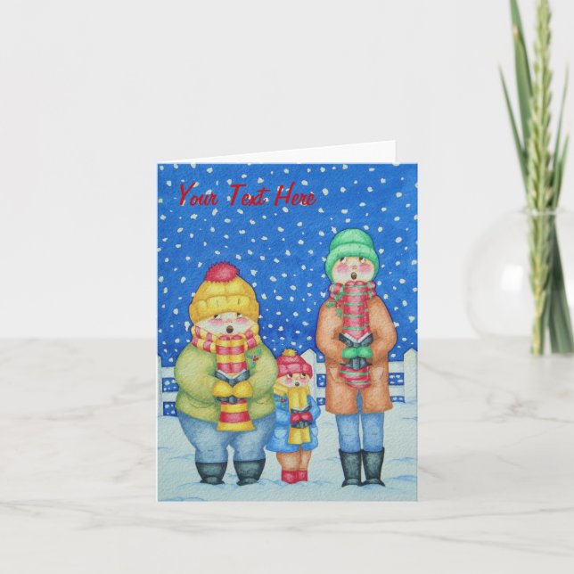funny carol singers singing snow scene christmas holiday card (Front)