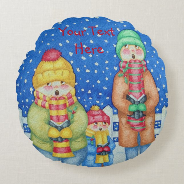 funny carol singers snow scene at christmas round cushion (Front)