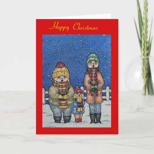 funny carol singers snow scene christmas  holiday card (Front)