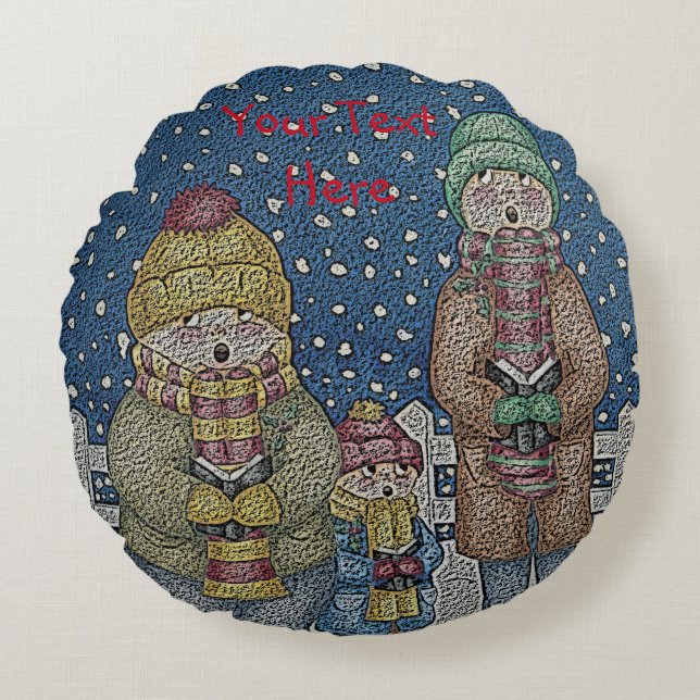 funny carol singers snow scene christmas round cushion (Front)