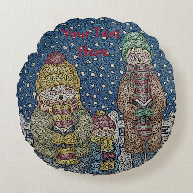 funny carol singers snow scene for christmas round cushion (Front)