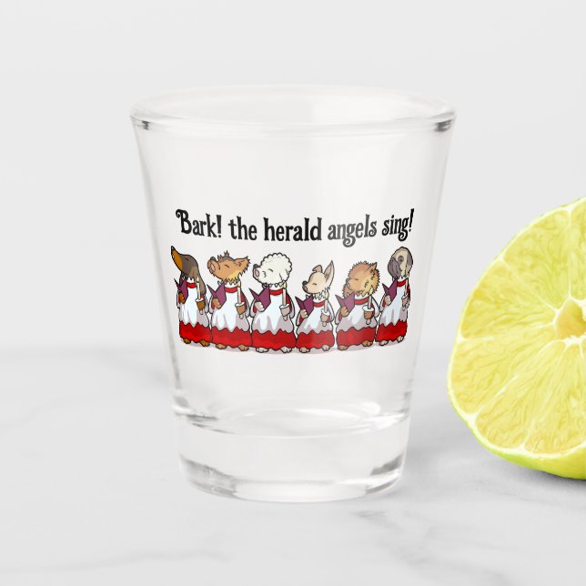 Funny Carol Singing Dogs Christmas Pug Pomeranian Shot Glass (Front)