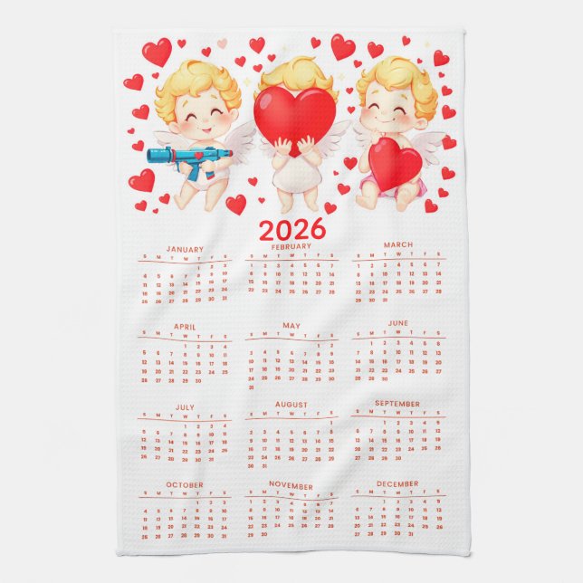 Funny cartoon angels calendar 2026 tea towel (Vertical)